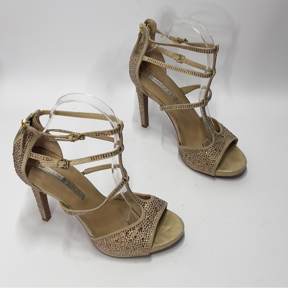 AUDREY BROOKE Womens Shoes Taupe Size 7.5 Fabric Rhinestone Heels Sandals Formal